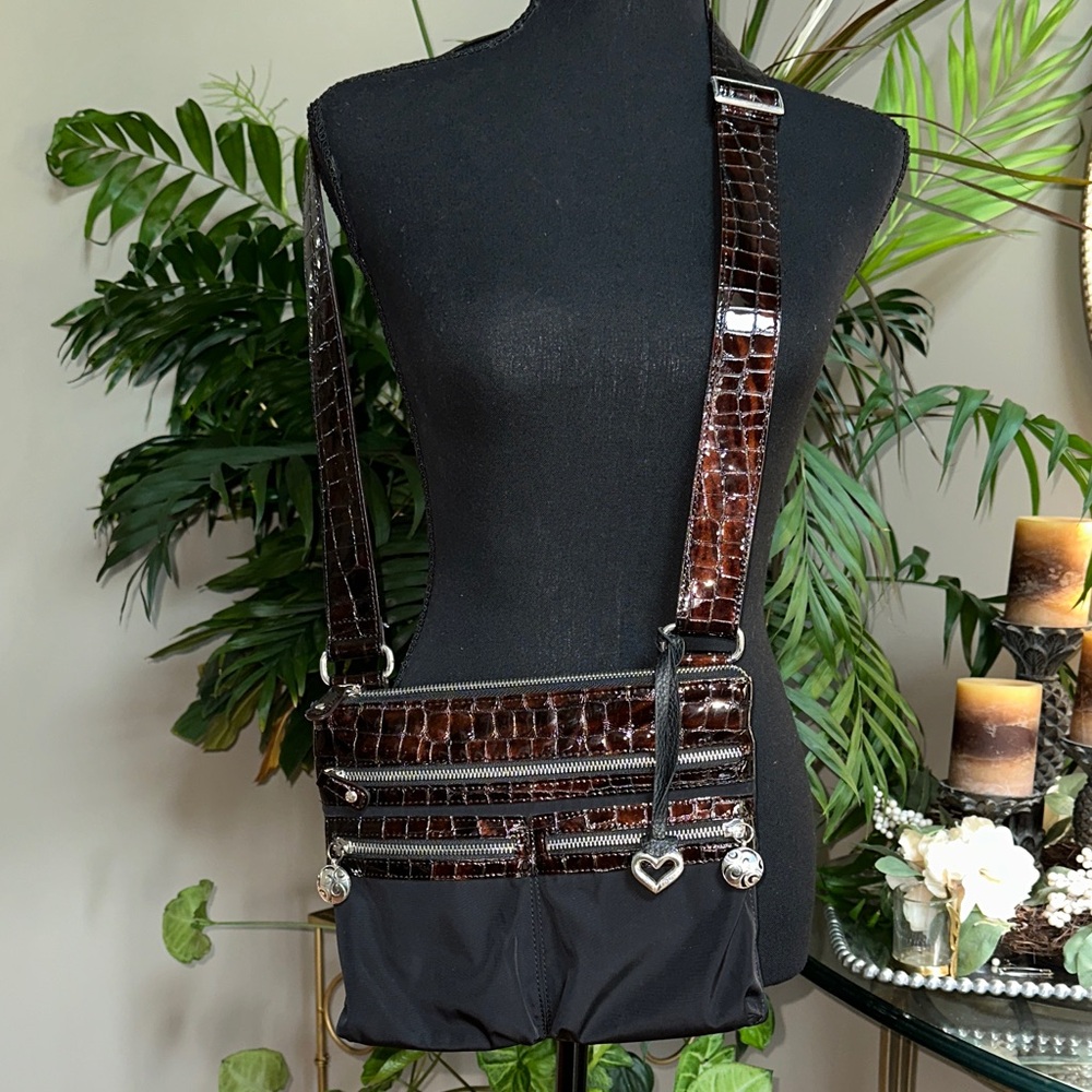 Brighton Black and Brown Crocodile leather nylon Crossbody with sunglasses case - Picture 1 of 15